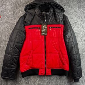 Men's Surplus Black Red Puffer Jacket Hooded Nylon Winter Coat XL